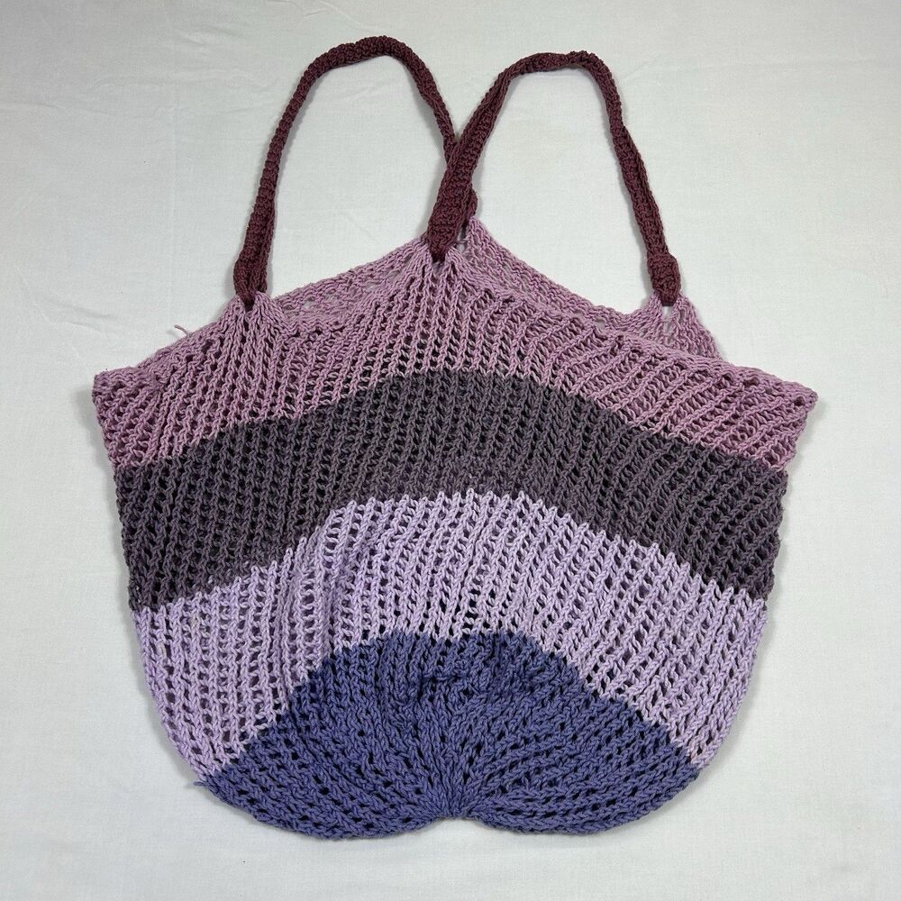 Crochet Market Tote Bag Womens One Size Purple Open Weave Shoulder Net Beach